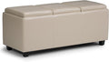 SIMPLIHOME Avalon 42 inch Wide Contemporary Rectangle Storage Ottoman in Satin Cream Vegan Faux Leather, Assembled, for the Living Room, Entryway and Family Room