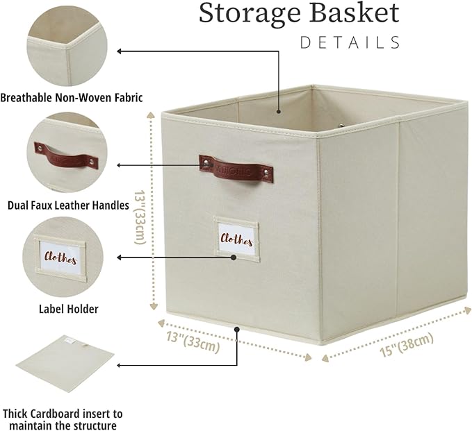 DECOMOMO Storage Baskets, 13x15x13 Storage Cube Bins with Labels for Organizing Shelves Kallax (Kallax / 4pcs, Beige)