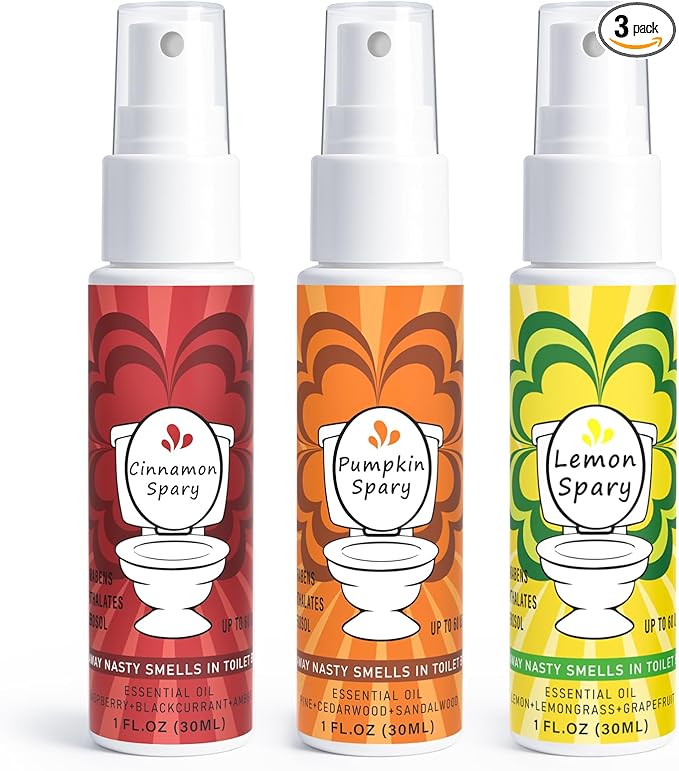 Toilet Spray for Poop 3 Pack, Travel Size Variety, Bathroom Odor Eliminator - Pumpkin Lemon Cinnamon