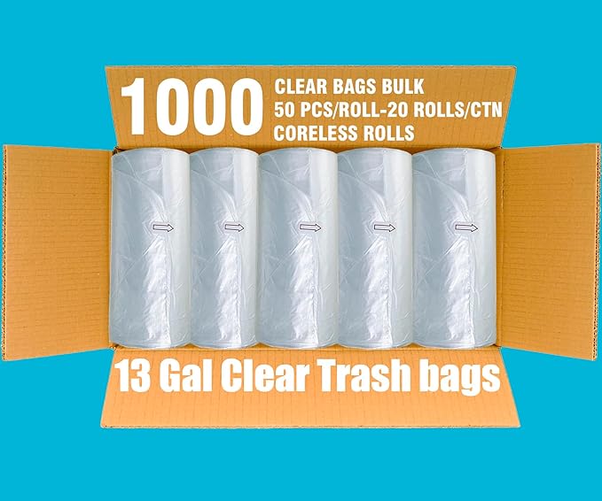 Trash Bags 13 Gallon, 1000 Count Bulk Value Pack, Clear Plastic Recycling Garbage Bags, Multi-purpose Tall Kitchen Trash Bags Can Liners for Business Home Commercial and Industrial