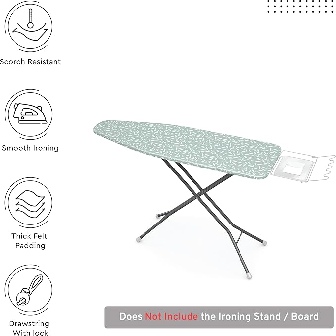 Encasa XO Ironing Board Cover and Pad 49"x18" - Thick 3mm Felt Padding, Drawstring Tightening & Lock, Easy Fit, Scorch & Stain Resistant, Fits Wide Ironing Board - Green Leaflet