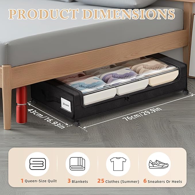 Under Bed Storage with Wheels 2-Pack，Under Bed Storage Containers XXL，Underbed Shoes Storage with Clear Lid,Rolling UnderBed Metal Drawer for Clothes Blankets Easy Pull-out Black
