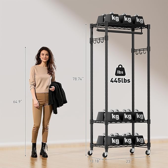 Clothes Rack, Clothing Rack for Hanging Clothes, 3 Tiers Adjustable Closet Organizer System with Drawer | Hanging Rod | Side Hooks | Load 445lbs | 23" L x 13.1" W x 78.7" H | Black