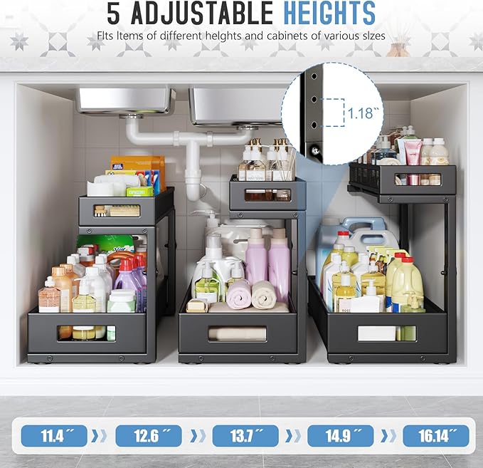 1 Pack 20.47IN Depth Under Sink Storage Organizer, Large 2-Tier Elegant Mesh Pull Out Shelf for Kitchen and Bathroom Cabinet Organization, L-Shaped and Adjustable Height Design-Black