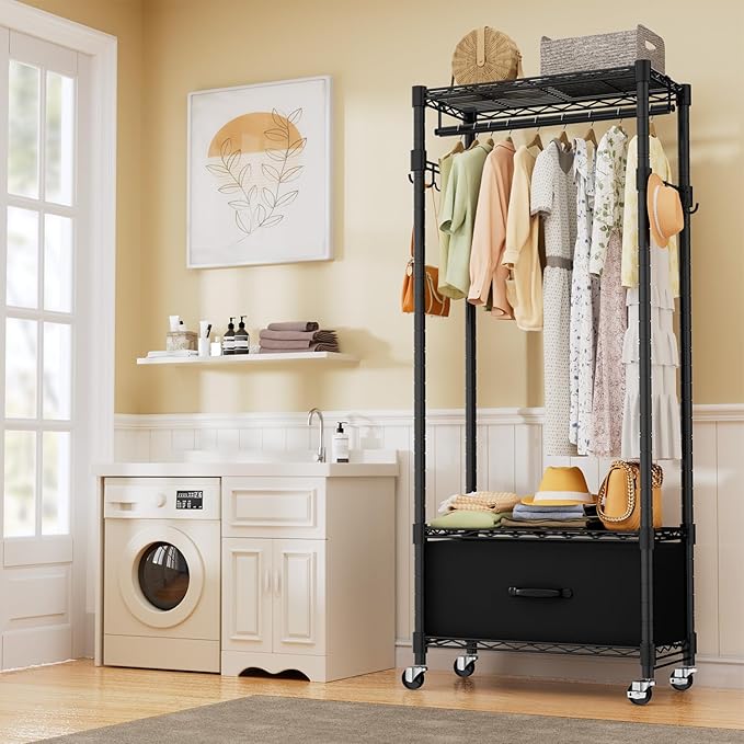 Clothes Rack, Clothing Rack for Hanging Clothes, 3 Tiers Adjustable Closet Organizer System with Drawer | Hanging Rod | Side Hooks | Load 445lbs | 23" L x 13.1" W x 78.7" H | Black