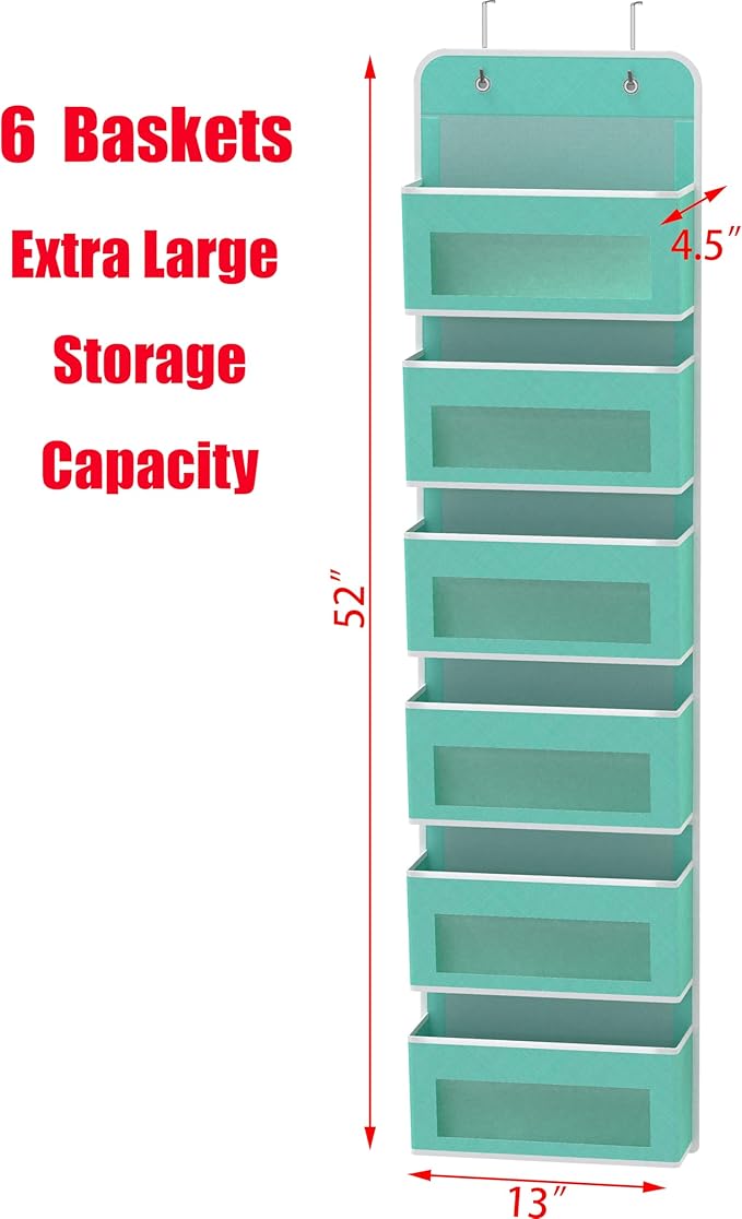 Simple Houseware 6 Clear Window Pocket Over Closet Door Storage Hanging Organizer for Bedroom, Bathroom, Pantry, Turquoise