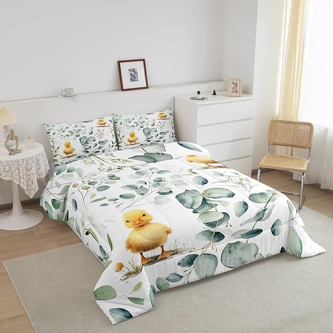 Erosebridal Kids Cute Animal Toddler Bedding Sets for Girls Boys Cartoon Duck Comforter Set, Spring Eucalyptus Bedding Comforter Sets Watercolor Leaves Duvet Insert, Kawaii Farm Animal Down Comforter