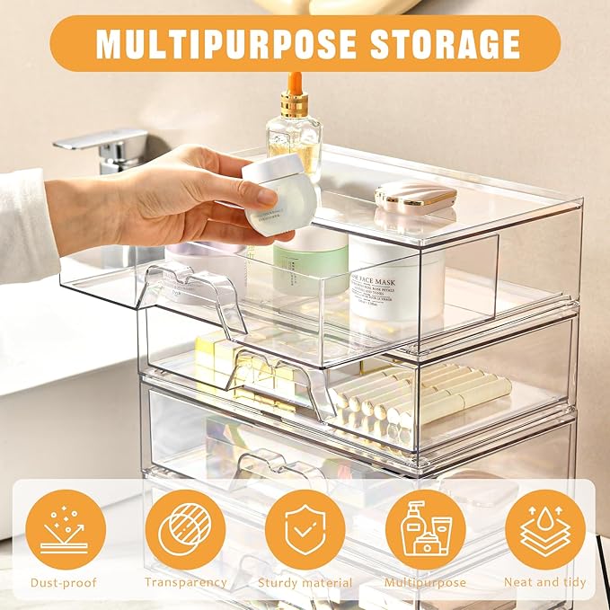 3 Pack Stackable Makeup Organizer, 12.1''L Acrylic Bathroom Organizer and Storage Undersink Drawer, Cosmetics and Beauty Supplies,Clear Plastic Storage Bins for Vanity,Pantry,Desk,Cabinet,Kitchen