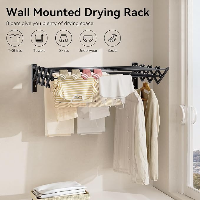 APEXCHASER Clothes Drying Rack Wall Mount, Laundry Drying Rack, Accordion Collapsible Clothes Airer, Towel Racks for Bathroom Balcony Laundry Room Wall Mounted, Drying Rack for Clothing, Black