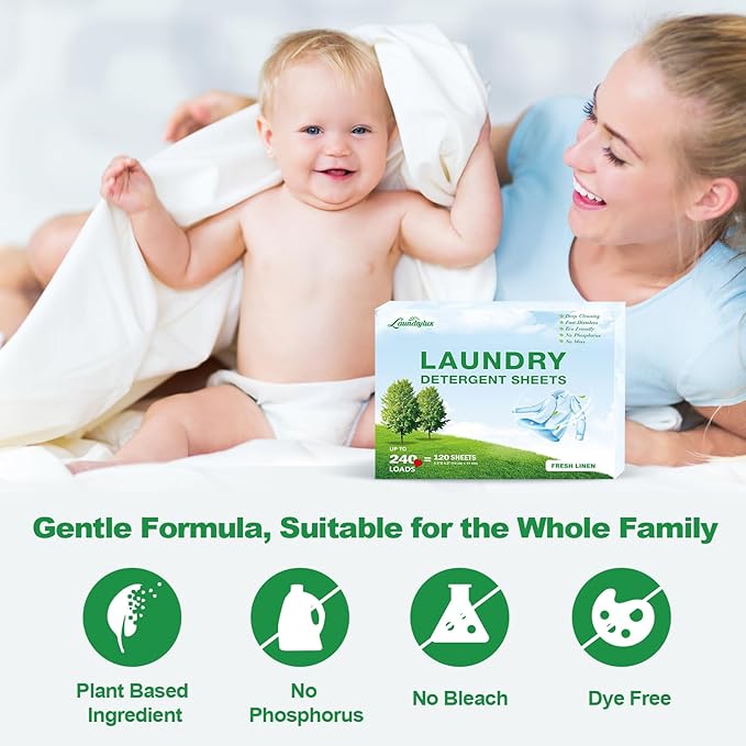 Laundry Detergent Sheet, Eco-Friendly & Hypoallergenic Wash Strips, Natural Ingredients, Ultra-Concentrated, Travel-Ready, No Plastic Jug- Fresh Scent, (240 Loads) 120 Sheets