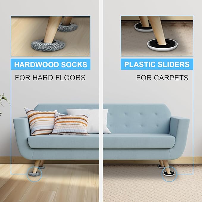 New Upgrade Furniture Movers Sliders, 4+4 Pack 4.3" Multi-Surface Furniture Sliders with Groove Design, Round 4PCS Moving Pads and 4 Hardwood Socks, Protect Floor and Easily Move Furniture