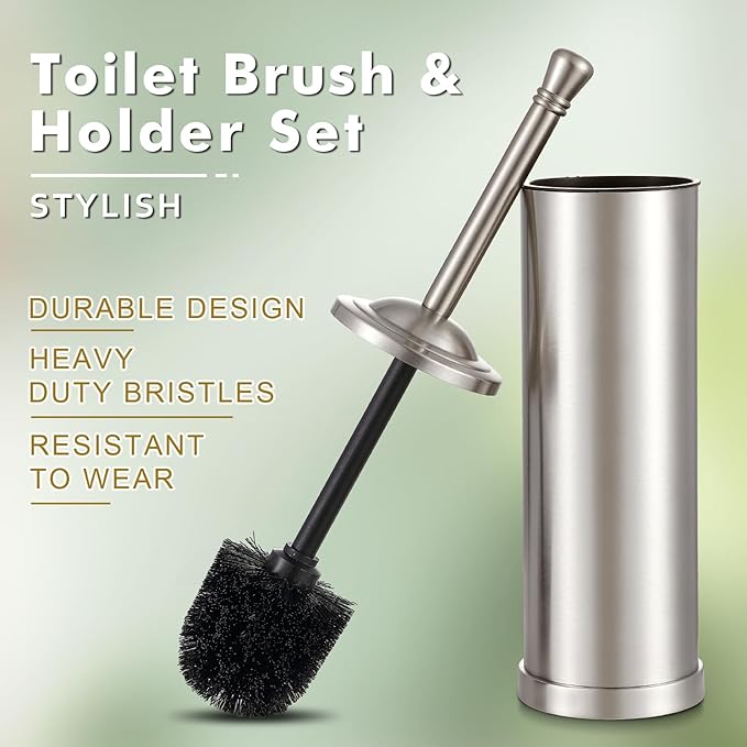 Stainless Steel 304 Toilet Brush and Holder,Toilet Bowl Brush with Long Handle for Bathroom,Toilet Cleaner Brush-Space,Saving,Covered Brush,Durable, Deep,Cleaning,Splash Resistant (Stain Nickel)