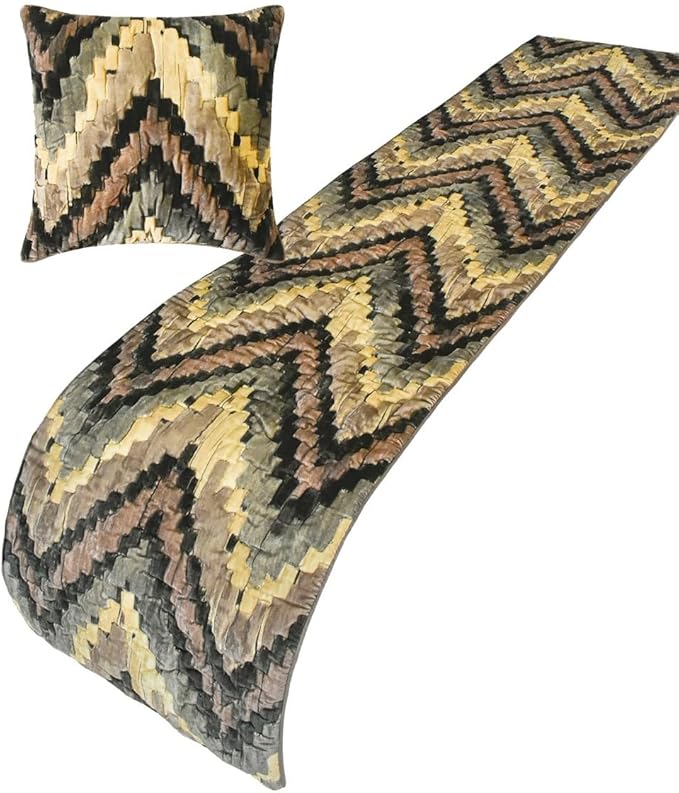 The HomeCentric King/Queen/Twin Beige Decorative King 90"x18" Bed Runner with Pillow Cover, Abstract, Chevron, Quilted Bed Scarf on Suede Velvet Fabric - Paramount