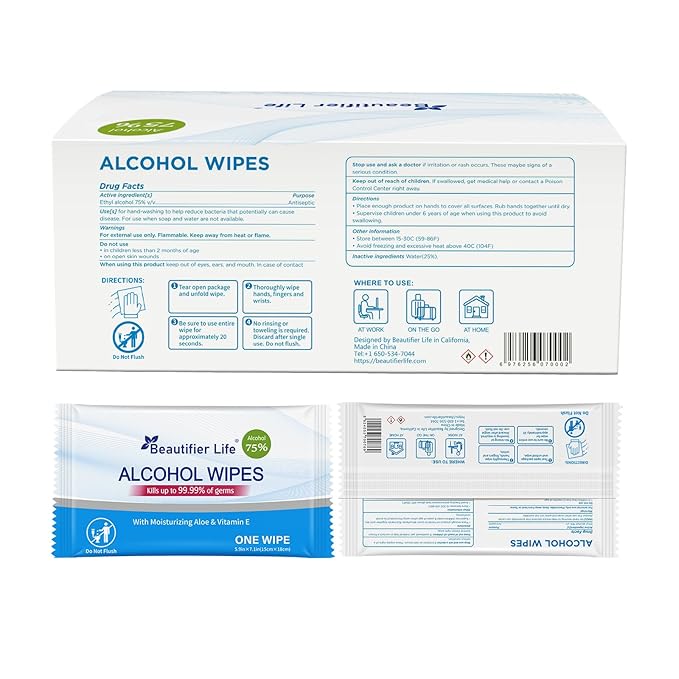 All - Purpose Travel Wipes, 55 Individually Wrapped 75% Alcohol Antibacterial Hand Sanitizing Wipes with Aloe Moisturizer & Vitamin E for for On-the-Go Use, Restaurant, Home Office