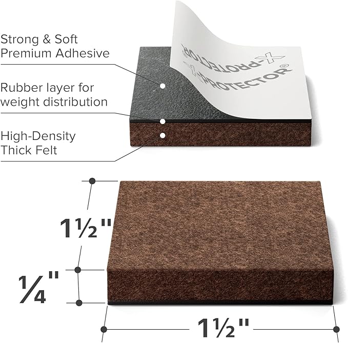24 Heavy-Duty Felt Furniture Pads 1.5” 1/4” Thick X-Protector! Square Felt Pads for Furniture Feet - The Best Felt Floor Protectors for Furniture to Prevent Scratches. Protect Your Hard Floor! (Brown)