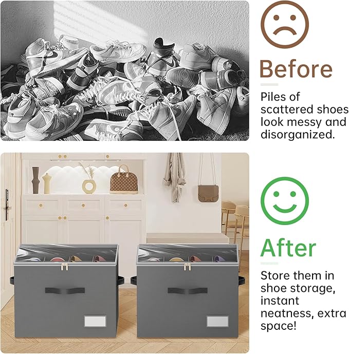 3 Pack Shoe Organizer for Closet, Foldable Shoe Storage Containers, Fits up to 24-48 Pairs, Shoe Storage Organizer Box Cubby Baskets Bins with Clear Cover and Reinforced Handles, Gray