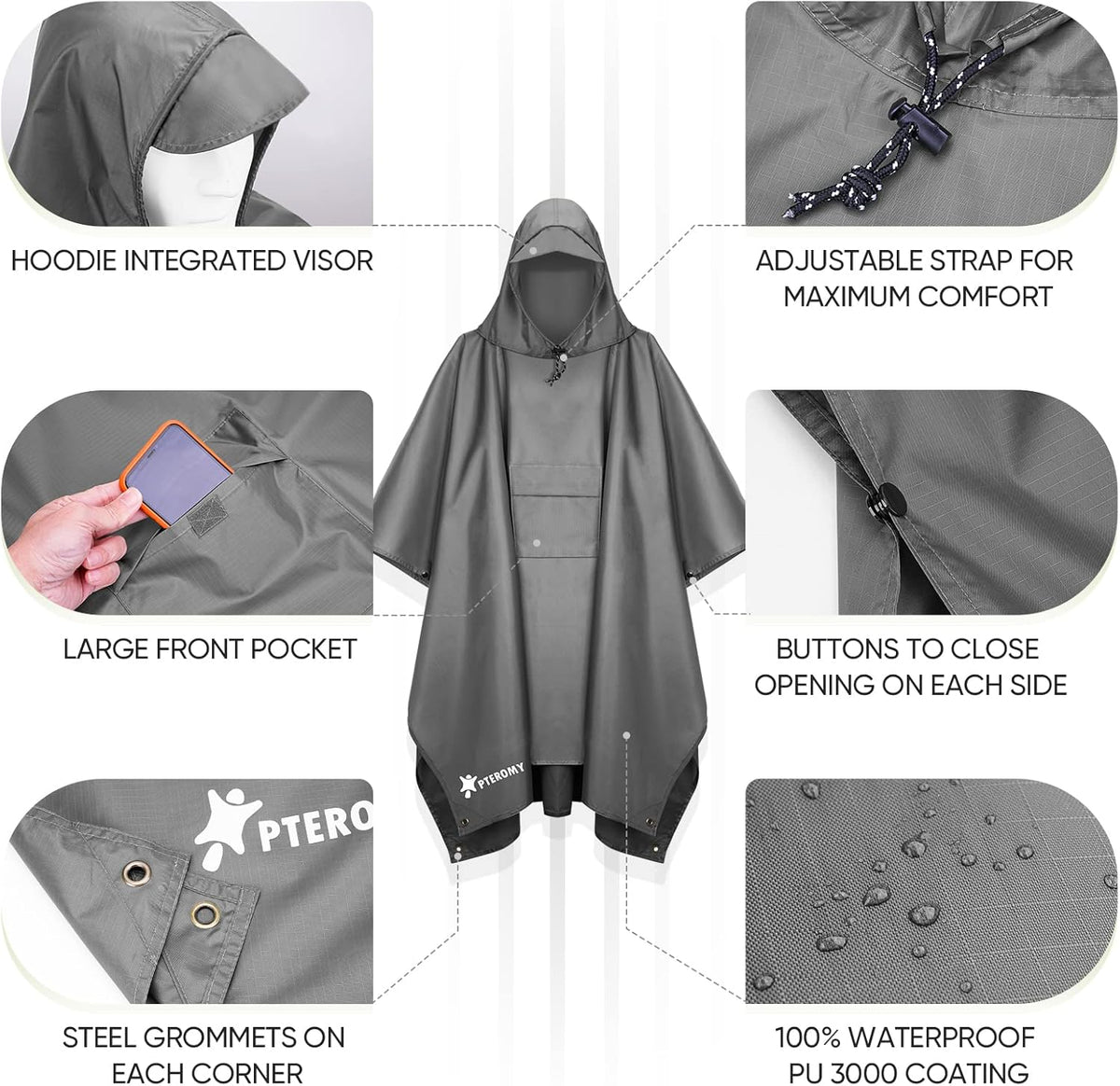 PTEROMY Hooded Rain Poncho for Adult with Pocket, Waterproof Lightweight Unisex Raincoat for Hiking Camping Emergency