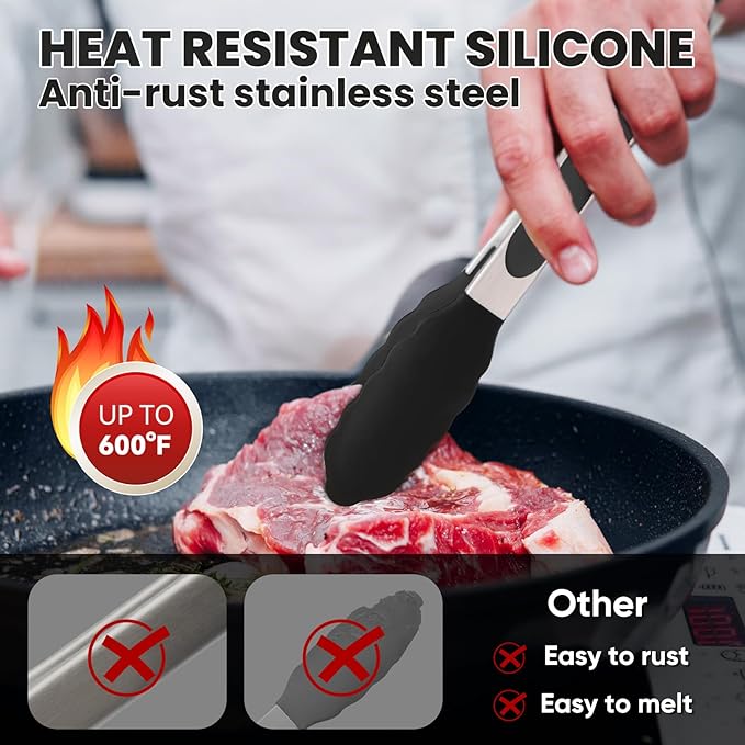600℉ Heat Resistant Kitchen Tongs for Cooking with Silicone Tips,Maywe Tanso 9-Inch Stainless Steel Locking Cooking Tongs Food Tongs for BBQ,Cooking,Salad and Serving Food,Heavy Duty,Non-Stick(Black)
