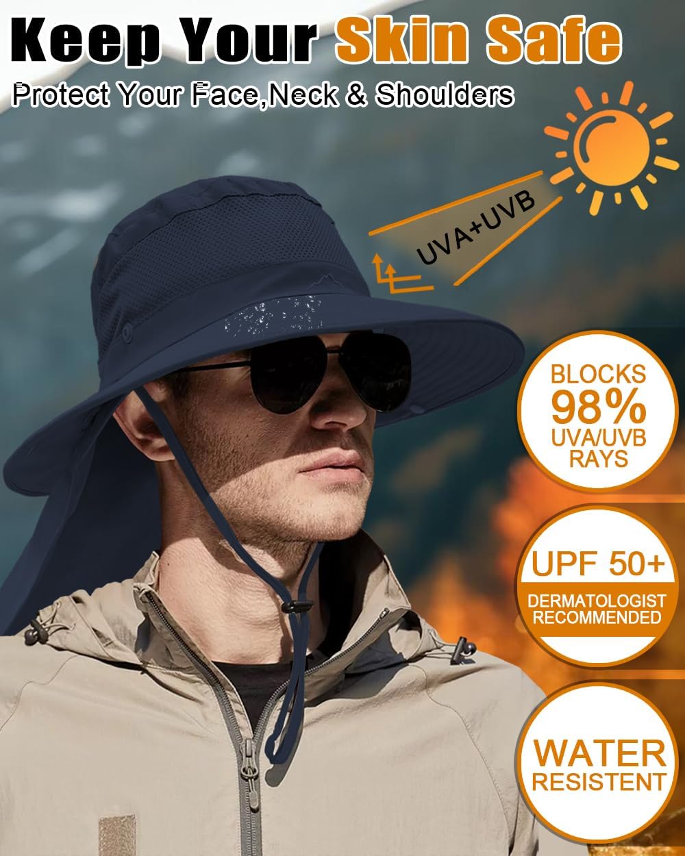Outdoor Sun Hats with Stowable Neck Flap for Men Women UPF 50+ Mesh Summer Bucket Hat Wide Brim for Fishing Safari Hiking