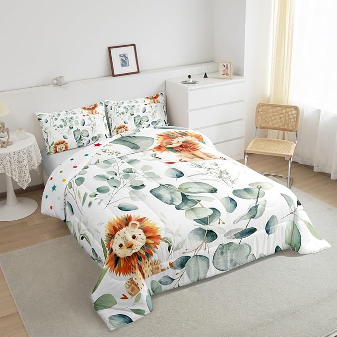 Erosebridal Cute Lion Full Comforter Set for Kids Child Green Eucalyptus Bedding Set Full, Woodland Animal Bedding Comforter Sets Botanical Plant Leaves Duvet Set, Cartoon Wildlife Quilted Comforter
