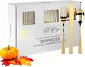 WDF300 Pieces Gold Plastic Silverware - Heavy Duty Disposable Cutlery Set Plastic Gold Silverware Set Includes 100 Forks, 100 Spoons, 100 Knives for Party/Thanksgiving