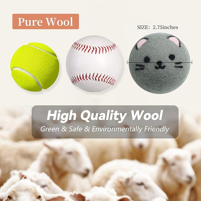 Dryer Balls Laundry Reusable - XL Wool Dryer Balls - Handmade Cute Cat Shape 6 Pack, Extra Large Dryer Balls, Shorten Drying Time, Organic Wool - Dry 1000+ Loads