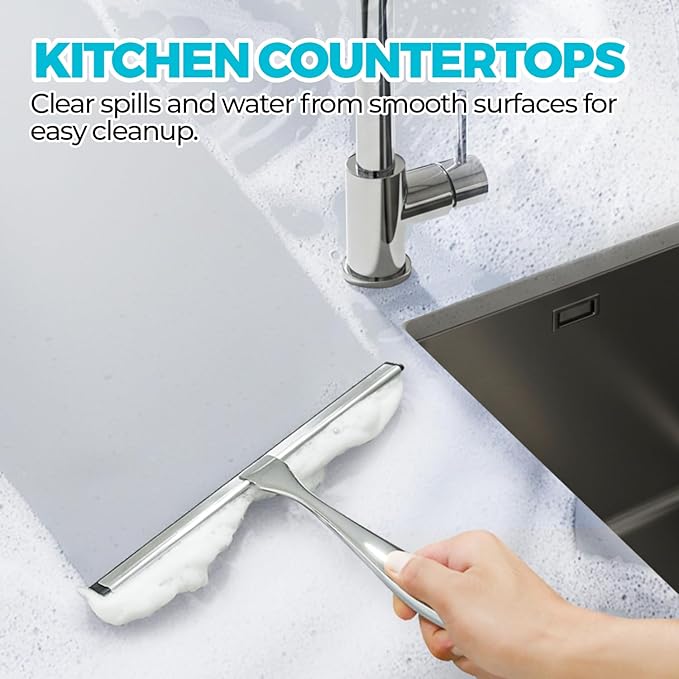 2PACK Shower Squeegee for Glass Doors, Squeegee for Shower Glass，All-Purpose Tile Walls, Bathroom, Window, Glass and Car Windshield, Mirrors and Kitchen-Stainless Steel, 10 Inches, Silver
