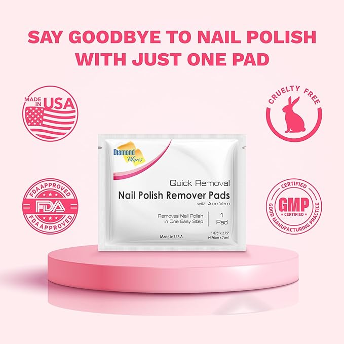 Diamond Wipes Nail Polish Remover Wipes with Aloe Vera, Acetone Nail Polish Remover Pads, Case of 500 Individually Wrapped Nail Polish Wipes