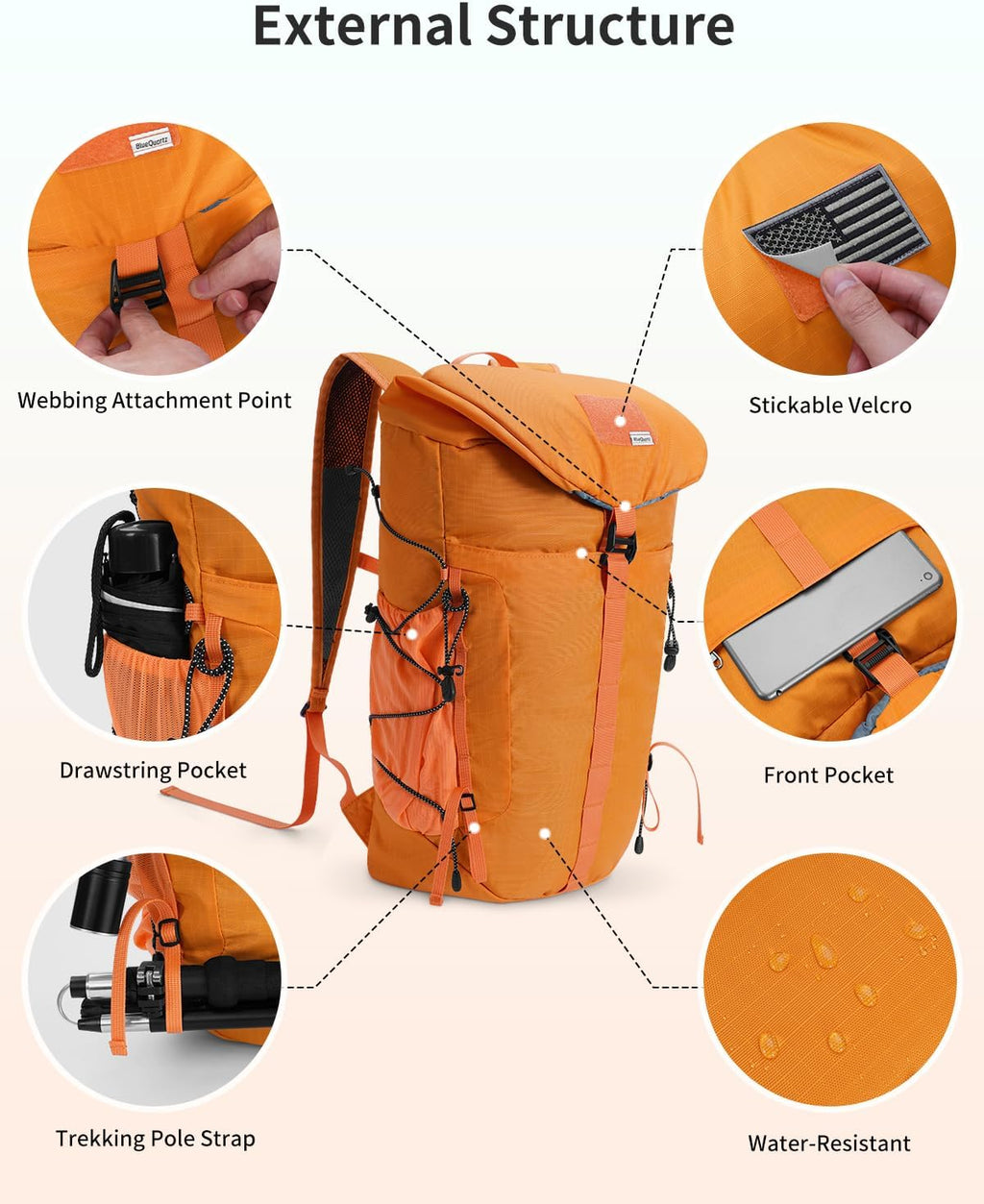 Blue Quartz Hiking Backpack 30L Lightweight Packable Backpack for Travel, Water Resistant Foldable Daypack for Women Men, Orange