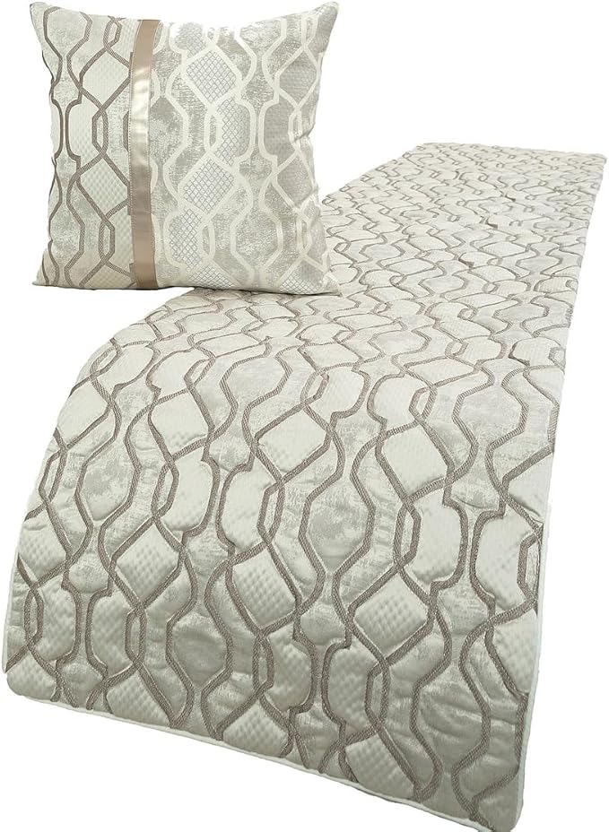 The HomeCentric King/Queen/Twin Ivory & Silver Decorative Twin 53"x18" Bed Runner Without Pillow Cover, Lattice & Quilted Bed Scarf on Jacquard Silk Fabric - Ivory Delicacy