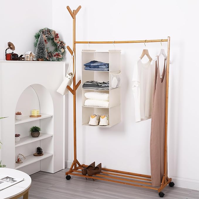 MAX Houser 4 Tier Shelf Hanging Closet Organizer, Closet Hanging Shelf with 2 Sturdy Hooks for Storage,2 Pack, Foldable (Beige)
