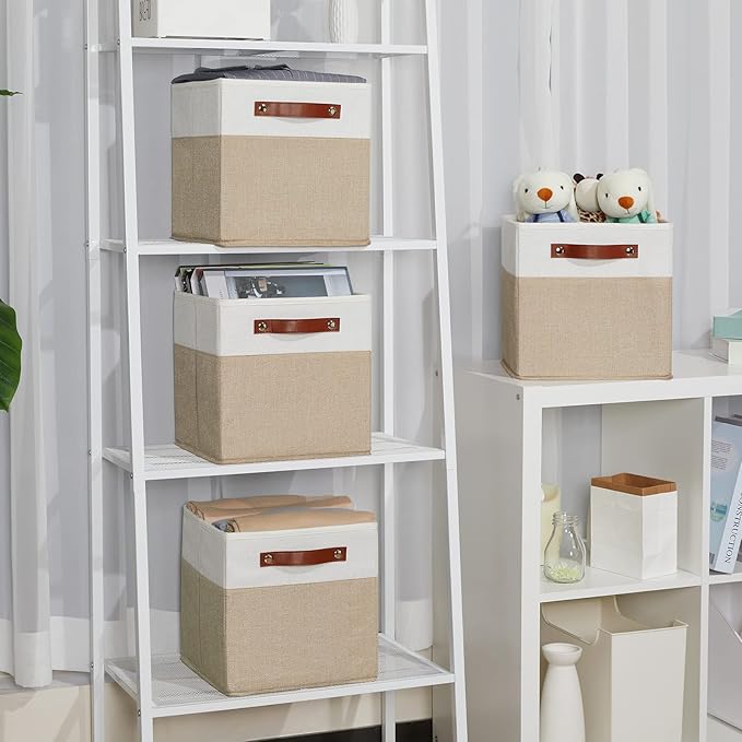 Temary Fabric Storage Cubes Bins, 11 inch Cube Storage Baskets, Foldable Cube Bins Set with Handles, Decorative Storage Boxes for Home Organizing (White & Khaki, 11 x 11 x 11)