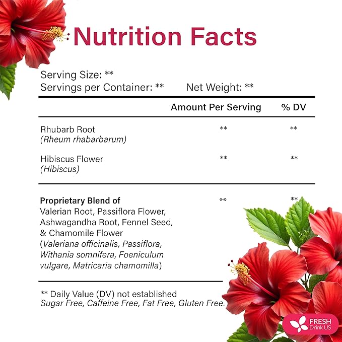 FreshDrinkUS, 40 Tea Bags - Menopause Support Herbal Tea – Soothing Blend with Rhubarb, Hibiscus, Valerian, Passiflora, Ashwagandha, Fennel & Chamomile, Caffeine-Free, Vegan, Non-GMO