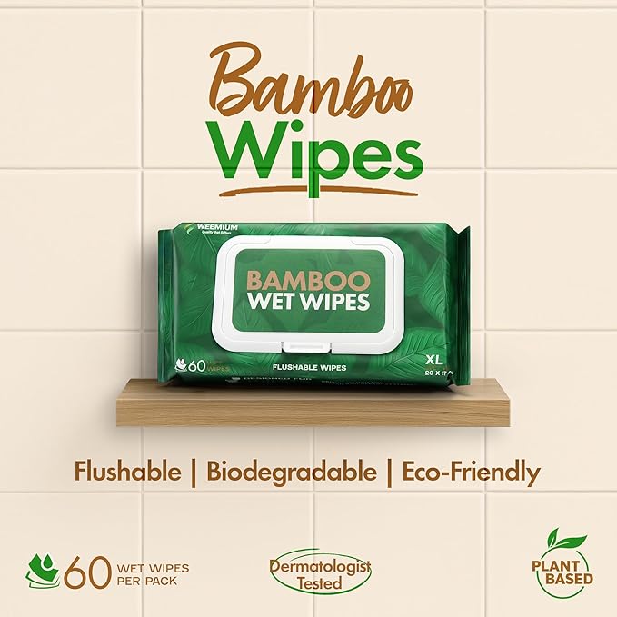 Weemium Bamboo Wipes – Pack of 4 (240 XL Flushable Wipes) – Organic, Tree-Free, FSC Certified & Septic Safe – 99% Water, Unscented & Sensitive Skin Safe – Biodegradable, Compostable & Eco Friendly
