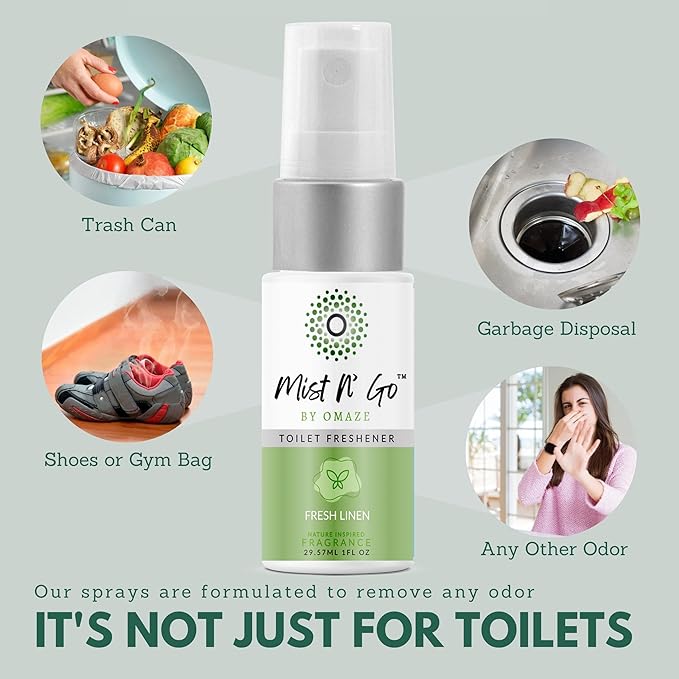 Mist N' Go by Omaze Travel Bathroom Spray - Toilet Odor Eliminator & Air Freshener - Fresh Linen (1oz x5)
