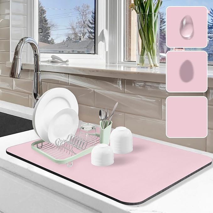 Dish Drying Mat for Kitchen Counter, 16"x24" Dish Drying Pad with Non-slip Rubber Backed, Hide Stain Anti Absorbent for Kitchen Counter, Drying Mat for Coffee Machine Dish Rack (Pink)
