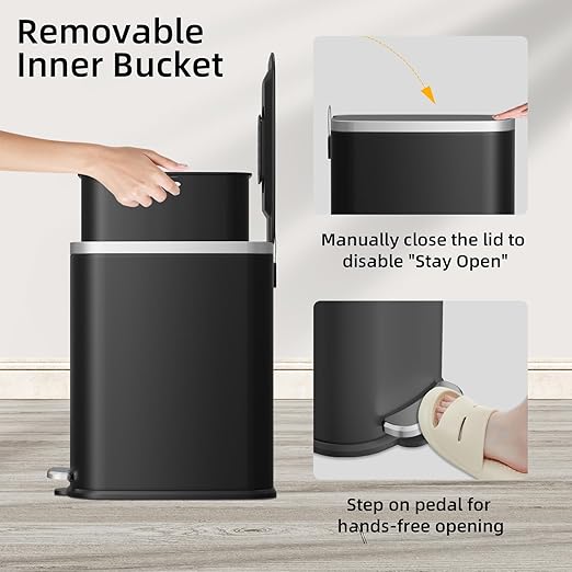 KUK Slim Bathroom Trash Can with Lid Soft Close, Step Pedal, 2.6 Gal/ 10L Stainless Steel Garbage Can with Removable Inner Bucket, Anti-Fingerprint Wastebasket for Office, Bedroom, Toilet (Black)
