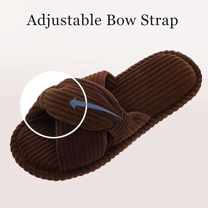 Evshine Summer House Slippers for Women Corduroy Cross Bow Indoor Slippers Open Toe Slip On Bedroom Shoes with Memory Foam