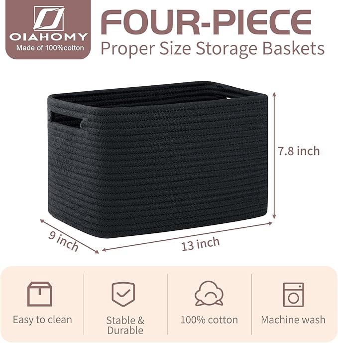 OIAHOMY 4 Pack Storage Baskets for Organizing, Cube Storage Bins for Shelves, Rectangle Storage Baskets With Handles, Woven Baskets for Storage, 12.7''Lx9''Wx7.8''H, Black