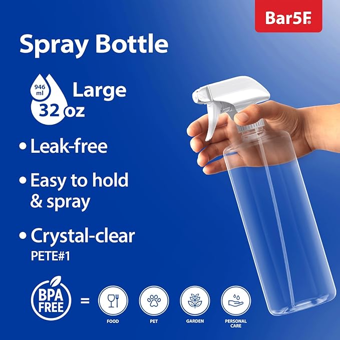 Bar5F Plastic Spray Bottles with Mixor Trigger, 32 oz | Professional, Leak Proof, Empty, Adjustable Fine to Powerful Sprayer, Refillable | Water Plants, Cleaning Solutions | Crystal Clear | Pack of 3