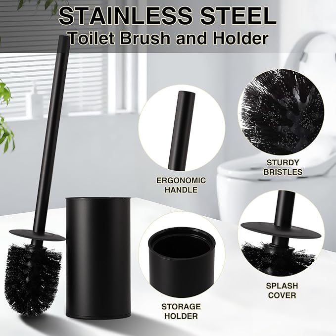 Small Bathroom Trash Can with Lid Soft Close, 1.8 Gallon Stainless Steel Garbage Can with Removable Inner Bucket,Black Toilet Brush,75Count Trash Bags, Slim Step Pedal Trash Bins