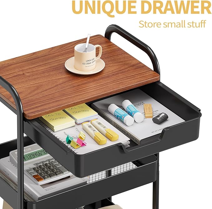 TOOLF 3-Tier Utility Rolling Cart with Wooden Board and Drawer, Metal Storage Cart with Handle, Black Trolley Kitchen Organizer Rolling Desk with Locking Wheels for Office, Classroom, Home, Bedroom