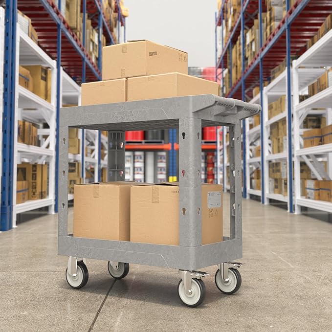 Heavy Duty Rolling Utility Cart with Wheels 2-Tier Utility Plastic Service Work Cart for Shop, Garage, Warehouse, Maintenance 550 lbs