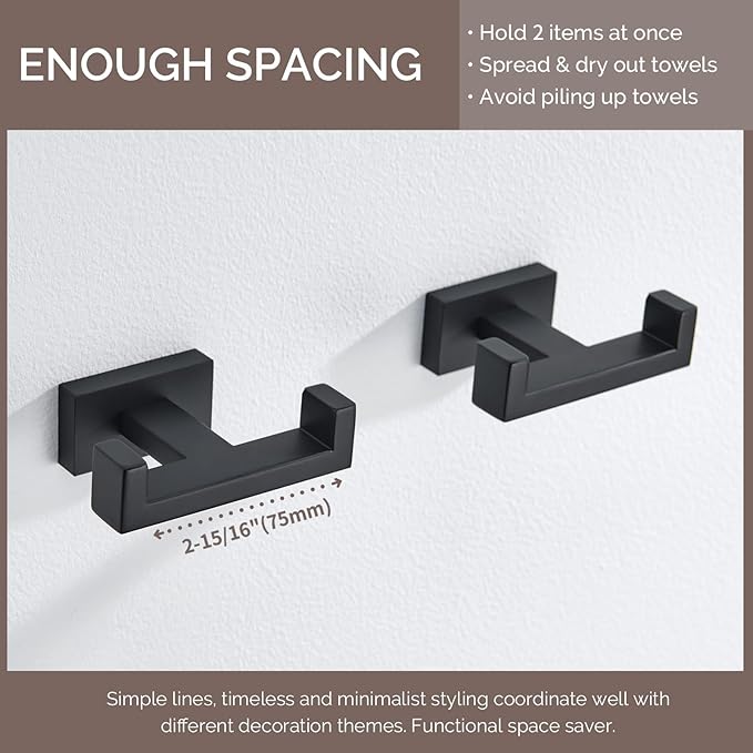 Angle Simple Bathroom Towel Hooks, Stainless Steel Shower Double Robe Coat Hooks for Wall, Matte Black, 2 Pack