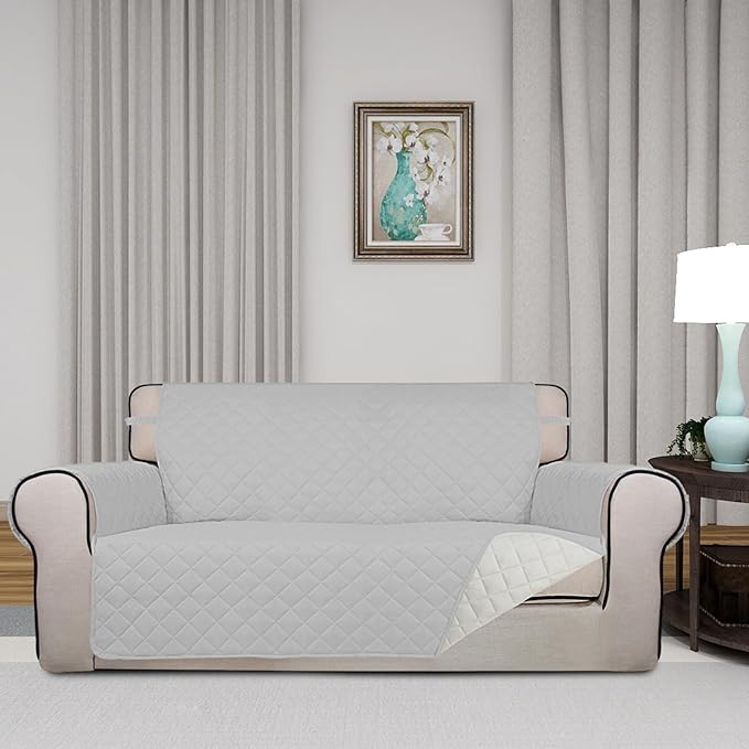 PureFit Reversible Quilted Sofa Cover, Water Resistant Slipcover Furniture Protector, Washable Couch Cover with Non Slip and Elastic Straps for Kids, Dogs, Pets (Oversized Loveseat, Light Gray/Ivory)