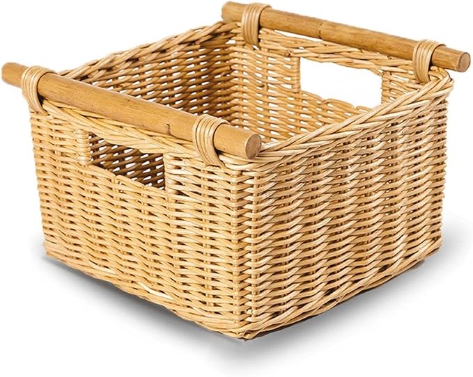 The Basket Lady Deep Pole Handle Wicker Storage Basket, Small, 11.5 in L x 11.5 in W x 8 in H, Sandstone