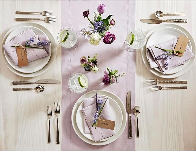 Solino Home Linen Lilac Table Runner 132 Inches Long - 100% Pure Linen Extra Long Table Runner 14 x 132 Inch for Christmas, New Year - Classic Hemstitch