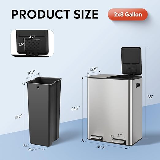 WLIVE 2 x 8 Gallon / 2 x 30 Liter Dual Trash Can, Stainless Steel Double Compartment Classified Kitchen Trash Can, with Plastic Inner Buckets, Handles, Soft-Close Lid, Deodorizing Filter Box, Silver.