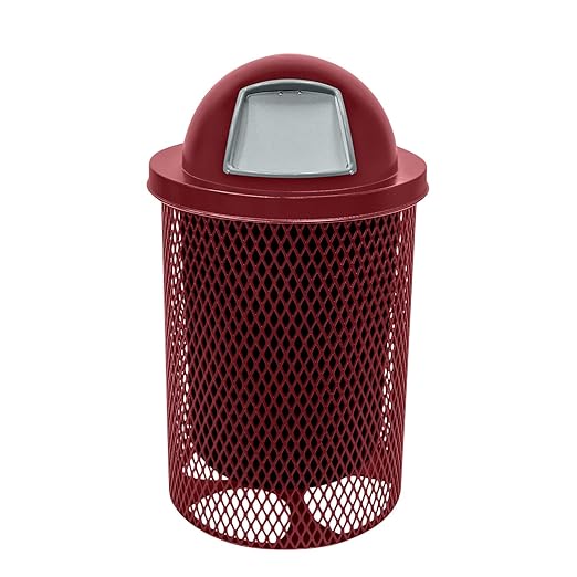 COATEDOUTDOORFURNITURE RDT-BUR Heavy Duty 32 Gallon Round Trash Receptacle, Liner Included, Burgundy with Dome Lid, Made in America