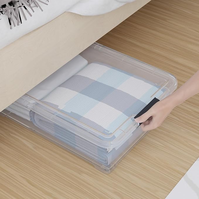 4-Pack 25L Plastic Under Bed Storage Organizer Bin Container with Latch Lids and Wheels, Clothes Storage Box Rolling Underbed, Clear